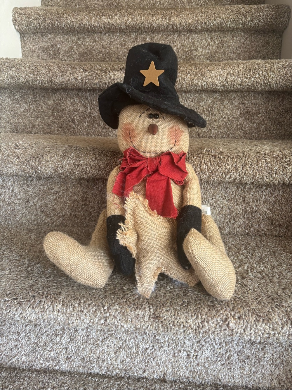 Burlap Snowman Figurine with Black Hat and Red Scarf